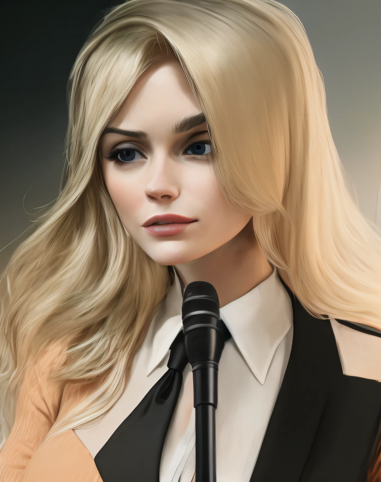 In a podcast scenario, a blonde lawyer, with a dominant and decisive posture, speaks into a microphone answering questions, the colors of the image must have strong contrasts