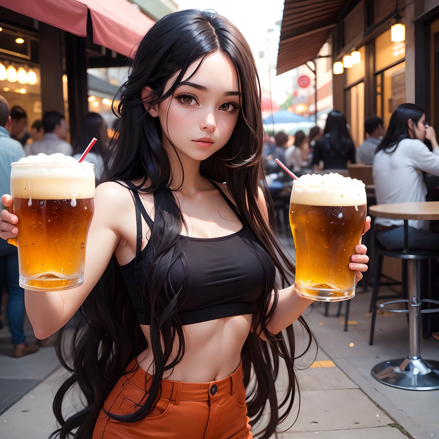 Girl with long wavy black hair drinking beer