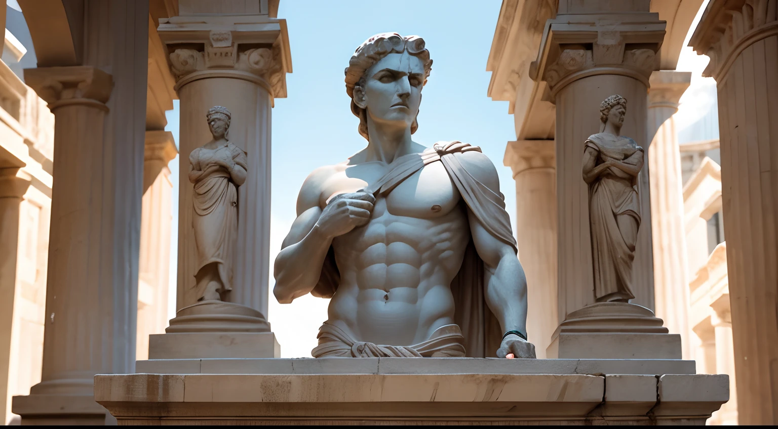 Ancient Greek statue with angry expression, Outside, com rosto extremamente detalhado full body view, Colors with low saturation with dark tone, Filmado em Sony A7S III com Sony FE 35mm f/1.8, 12.1 MP, --AR 3:2 --estilo cru