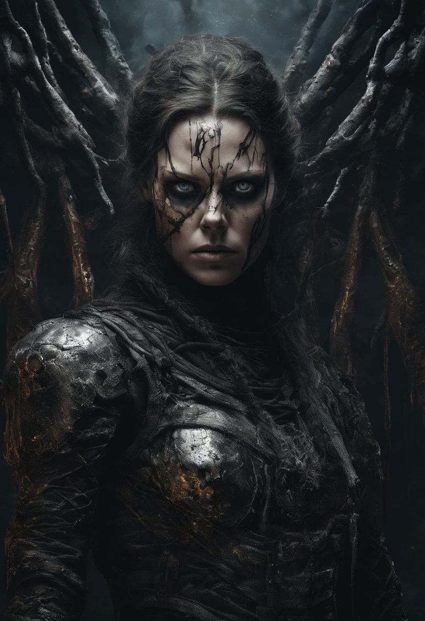 Young Charlize Theron as a Space Viking, Long Braided hair, (Dirty Blood Splattered Face), Runic Tattoos, Neon Highlights on Armour, Futuristic Axe in Hand, Surrounded by the bodies of her rivals, On a Space station, Fires, Smoke, debris, abstract beauty, near perfection, pure form, intricate detail, ((Best quality, 8k, Masterpiece)), Ultra-detailed face, Detailed eyes, 8k post-production, High resolution, super Detail, trending on ArtStation, sharp focus, studio photos, intricate detail, Very detailed, By Greg Rutkowski