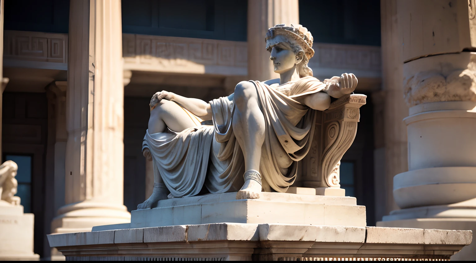Stoic statue, with an expression of anger, usando manto e tunica longo sobre todo o corpo, Noite escura, fundo grego antigo do templo, 35 mm, lateralmente, Filmado em Sony A7S III com Sony FE 35mm f/1.8, 12.1 MP, --AR 3:2 --estilo cru