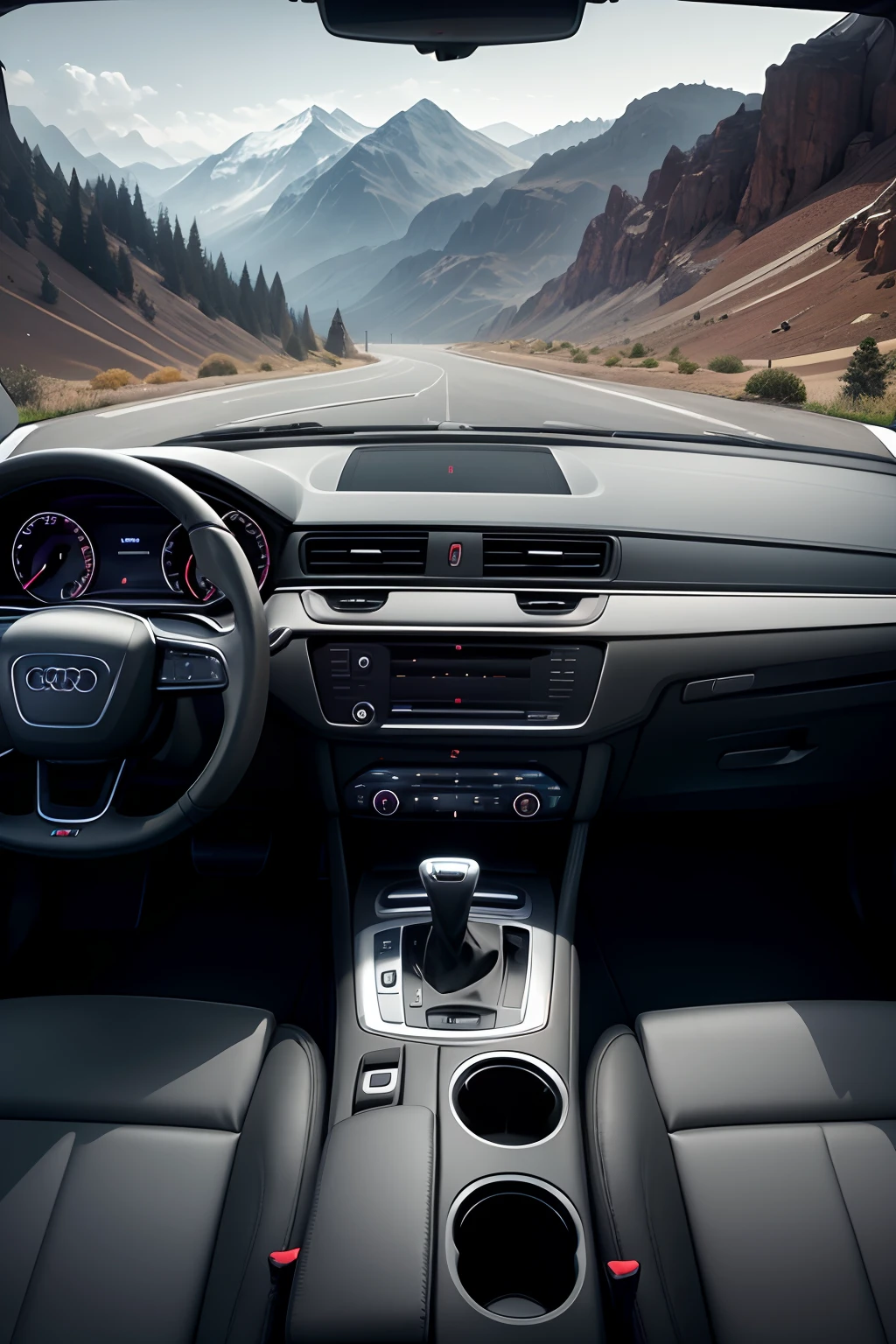I want an image of a beautiful car dashboard traveling through a mountainous landscape, I want this dashboard to have a map showing a route and also a compass. The vehicle dashboard can be based on the Audi TT model, and the image is in black and white.