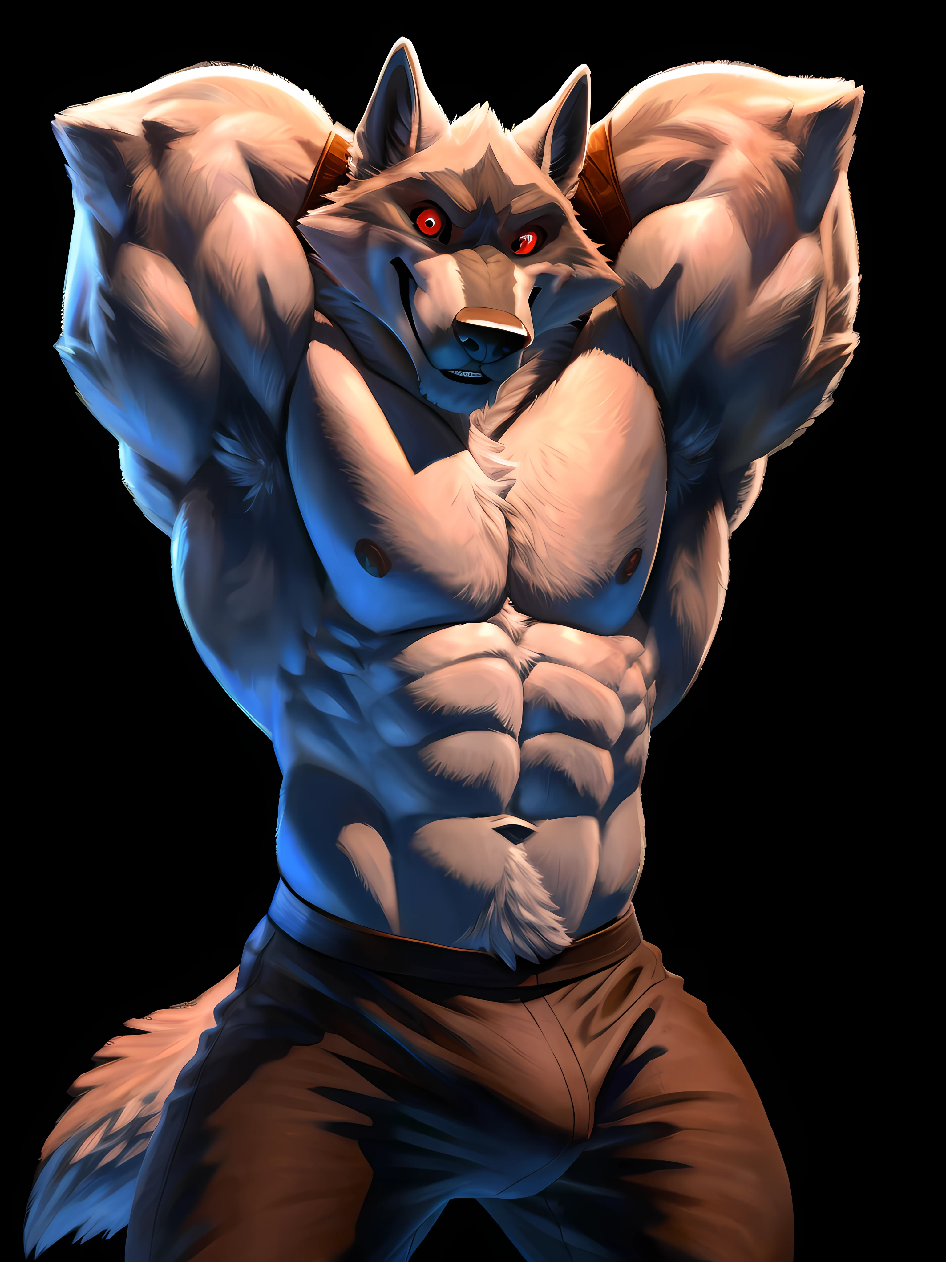 deathwolf, 4k, high resolution, best quality, posted on e621, solo, anthro body, male, adult, bare chest, very masculine, (very muscular, strong pectorals, big pecs, muscular arms, heavyweight:1.2), correct anatomy, (dark background, black background, featureless background no background:1.2), (by wfa:0.6), (by spelunker_sal:0.6), (taran fiddler anatomy:1.0), (black pants:1.0), (detailed eyes, red eyes:1.2), (detailed shading, photorealistic shading, masterpiece:1.2), confident, proud, strong pose, (veins, vascular:1.1), angry eyes, furrowed brow, smile, looking at viewer, wolf tail, (arms behind head:1.2), armpits, (close-up, half body, front view, head, face, chest),