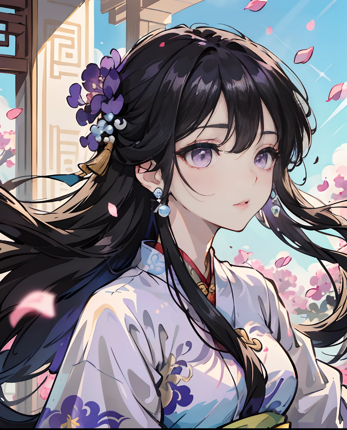 Gentle girl, purple eyes, black hair color, floating hair, delicate and flexible eyes, intricate damask hanfu, gorgeous accessories, wearing pearl earrings, FOV, f/1.8, masterpiece, ancient Chinese architecture, blue sky, flower petals flying, front portrait shot, Chang'e, side light, sunlight shining on people, 8K