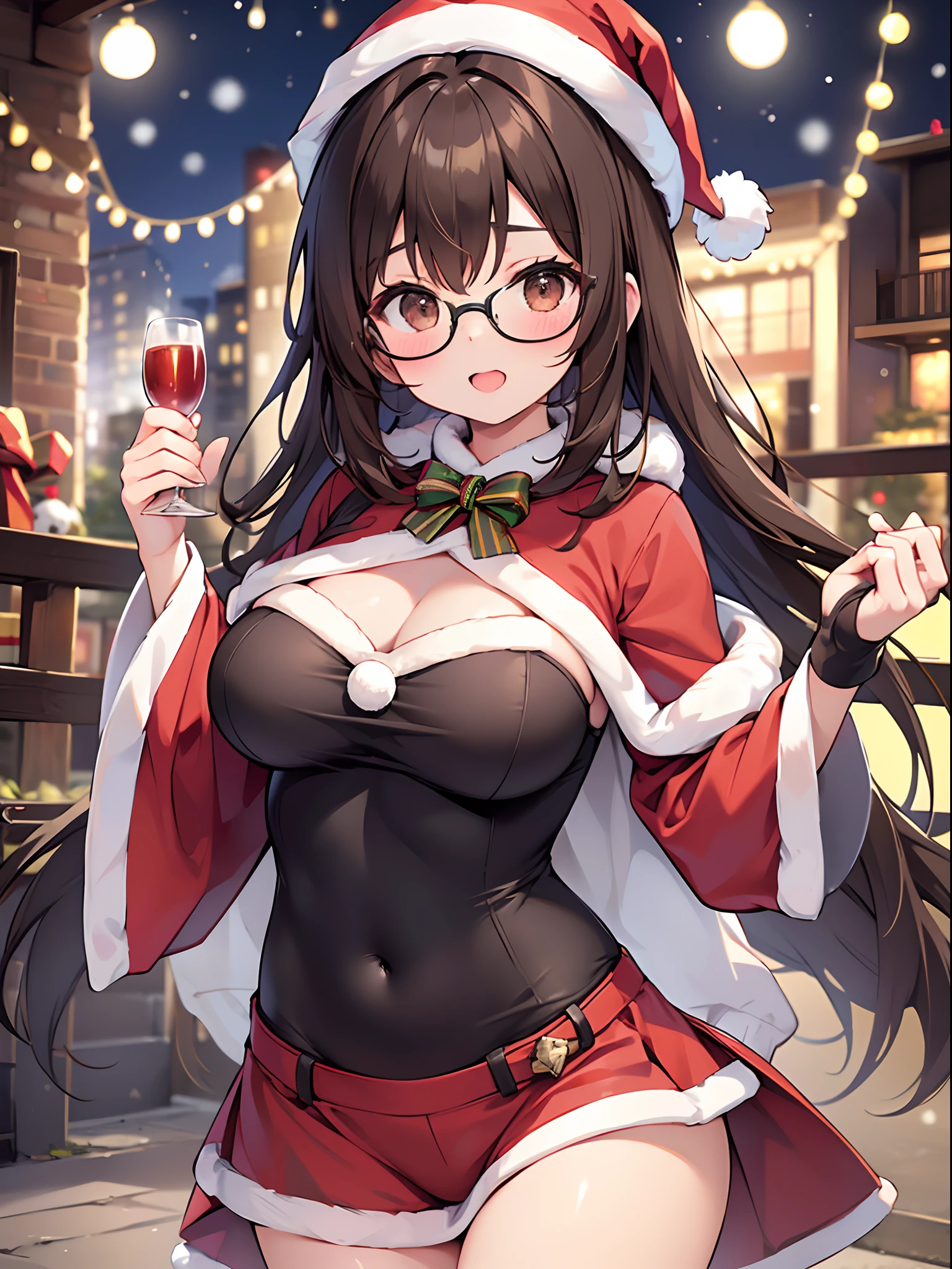 1 female、brown haired、Brown eyes、Black-rimmed glasses、seductive boobs、gorgeous faces、Perfect body。Best Quality、ultra-detailliert、8K resolution、Raw photo、masutepiece。Christmas Party、santa claus。