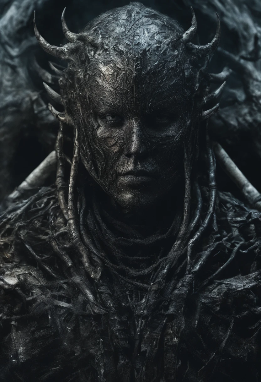Horror-themed (8k, RAW photo, highest quality), hyperrealistic, intricate abstract, intricate artwork, abstract style, hauntingly, [satan | hell:17], dark and haunting portrait of a demonic satan emerging from the shadows, exuding terror, sinister eyes piercing through the darkness, intricate details, menacing expression, muted colors, Eerie, unsettling, dark, spooky, suspenseful, grim, (in the style of ian miller:1.3), highly detailed, (intricate details),hdr,(intricate details, hyperdetailed:1.2),cinematic shot, extremely high-resolution details, photographic, realism pushed to extreme, fine texture, incredibly lifelike