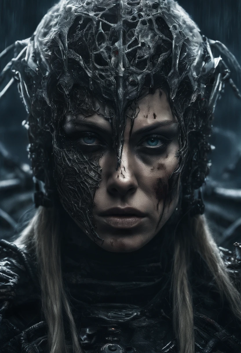 Young Charlize Theron as a Space Viking, Long Braided hair, (Dirty Blood Splattered Face), Runic Tattoos, Neon Highlights on Armour, Futuristic Axe in Hand, Surrounded by the bodies of her rivals, On a Space station, Fires, Smoke, debris, abstract beauty, near perfection, pure form, intricate detail, ((Best quality, 8k, Masterpiece)), Ultra-detailed face, Detailed eyes, 8k post-production, High resolution, super Detail, trending on ArtStation, sharp focus, studio photos, intricate detail, Very detailed, By Greg Rutkowski