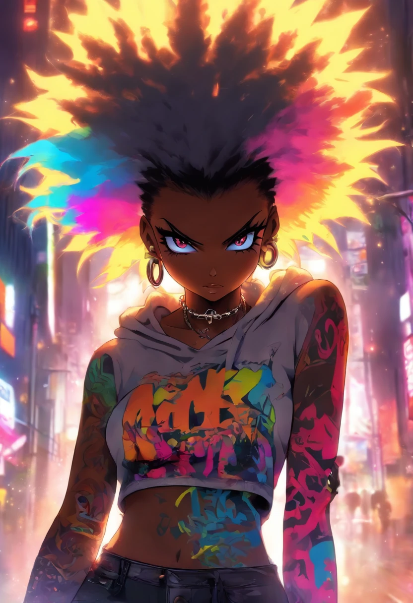 The most beautiful and naked sexy punk rock girl, black Afro, huge boobs, cabello color arco iris, ojos amarillos, dark skin, usar una sudadera con capucha, toneladas de tatuajes y piercings, Obra maestra perfecta, alta calidad, High resolution, big tits