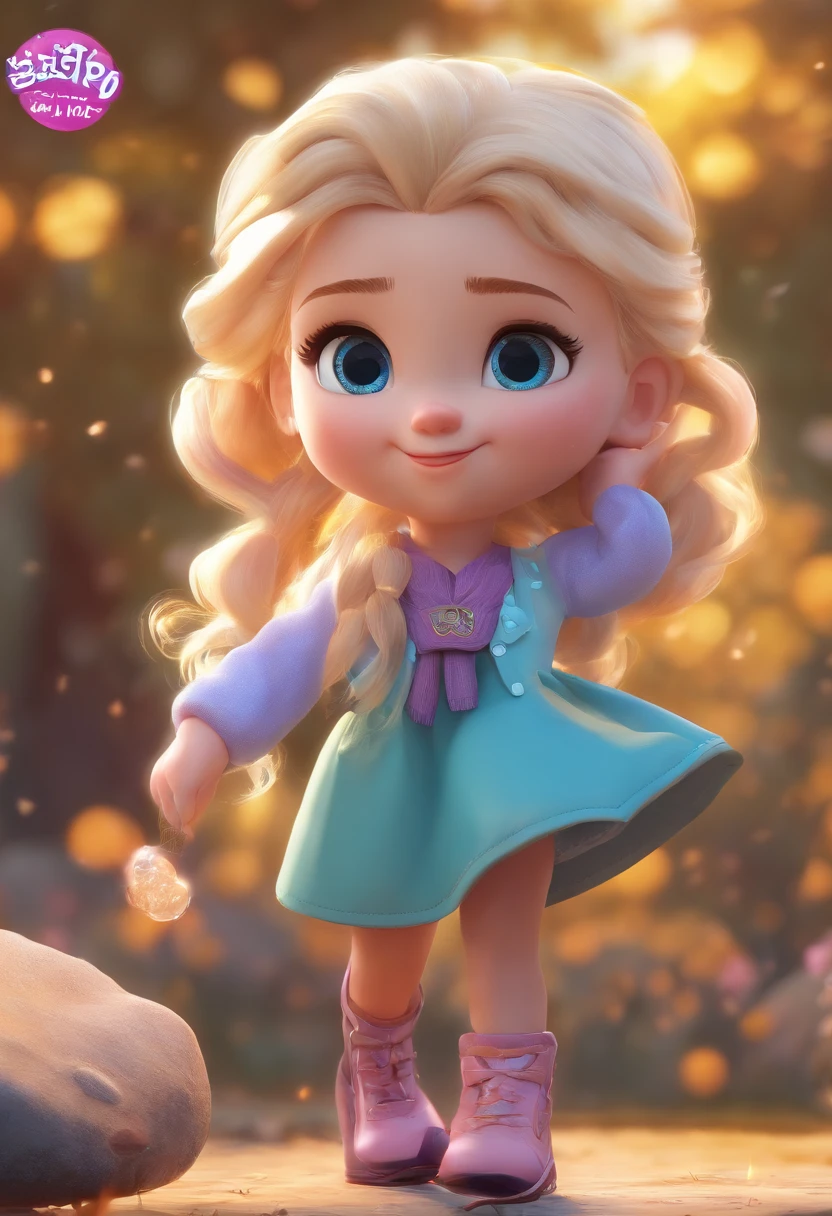 best quality, masterpiece, photorealistic, extremely detailed CG unity 8k wallpaper, chibi,1girl, elsa,solo, full_body, smile, looking_at_viewer, outdoors,