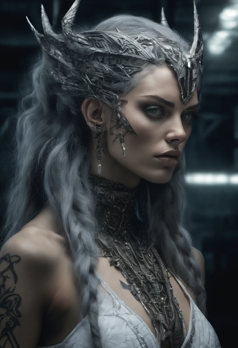 Young Megan Fox and Scarlett Johansson as 2 Elven ladies, (2girls), Duo, Cinematic Lighting, Greek Style Square, Sunlight, Tyndall Effect, Elf Maiden and Elf Queen, 20 & 28 Years Old, Silver Crown, BREAK (((Tribal face Tattoos))), BREAK (((Tribal Cheek Tattoos))), BREAK (((face piercings))), (((pointy elf ears))) BREAK, Silver Gradient Hair, Ice Blue Eyes, Big Cute Eyes, Extreme Light and Shadow, White Long Dress, ((Best quality)), ((masterpiece)), (highly detailed:1.3), 3D, beautiful (cyberpunk:1.3), bold colours and patterns, eye-catching accessories, trendy and innovative hairstyle, vibrant makeup, neon signs, LED lights, bright and vivid color scheme, detailed skin texture, detailed cloth texture, beautiful detailed face, intricate details, ultra detailed, best quality, ultra high res, (photorealistic: 1.4), Raw photo, by Ellen von Unwerth, Nikon D850 Film Stock Photography, F1.6 Lens, Rich Colors, Realistic, Cinestill 800, backlight, rimlighting, studiolighting