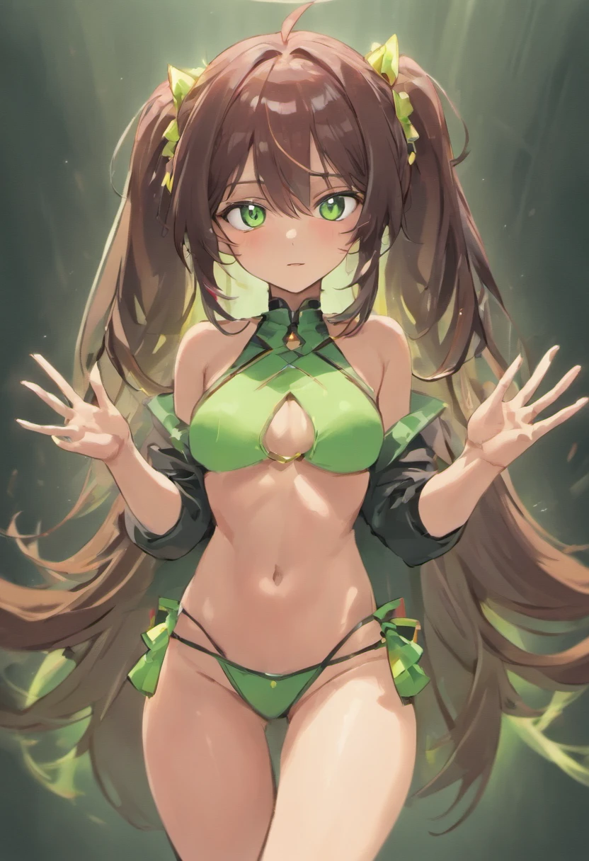 Homura (character), homura from senran kagura, dark brown hairs, tanned skin, long ponytail hairs, white ribbon, hands on hips , wearing small bra, big breasts, tight bra , tight panties , sharp smile , (dark green eyes), hands on hip, hands on add, portrait shot, upper body shot, face focus, closeup shot, only upper body shot, BREAK indoors, office, BREAK looking at viewer, BREAK (masterpiece:1.2), best quality, high resolution, unity 8k wallpaper, (illustration:0.8), (beautiful detailed eyes:1.6), extremely detailed face, perfect lighting, extremely detailed CG, (perfect hands, perfect anatomy),