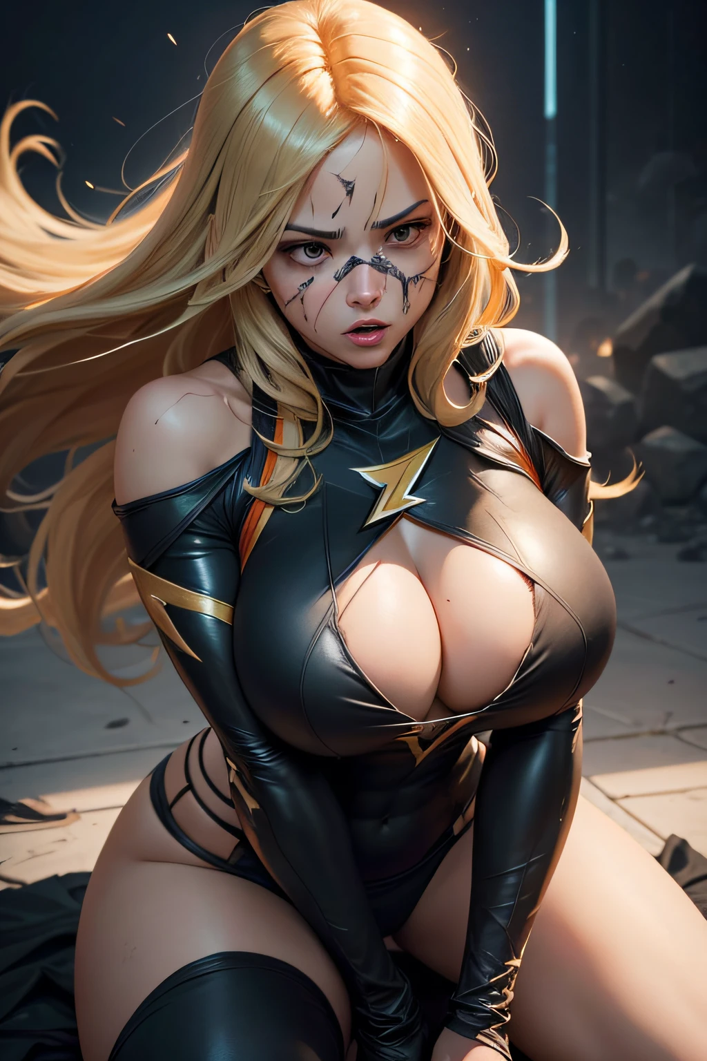 Ms Marvel in her black costume with the lightning bolt on the chest.  She is on her knees and bleeding from the nose, her face is bruised.  Her huge breasts are straining against the taut fabric of her costume.  her long blonde hair spills down around her shoulders and heavy breasts.  Bust centric!  extremely large bust!!!