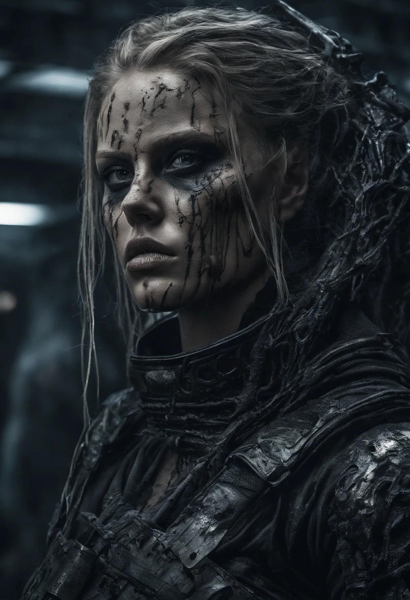 Young Charlize Theron as a Space Viking, Long Braided hair, (Dirty Blood Splattered Face), Runic Tattoos, Neon Highlights on Armour, Futuristic Axe in Hand, Surrounded by the bodies of her rivals, On a Space station, Fires, Smoke, debris, abstract beauty, near perfection, pure form, intricate detail, ((Best quality, 8k, Masterpiece)), Ultra-detailed face, Detailed eyes, 8k post-production, High resolution, super Detail, trending on ArtStation, sharp focus, studio photos, intricate detail, Very detailed, By Greg Rutkowski