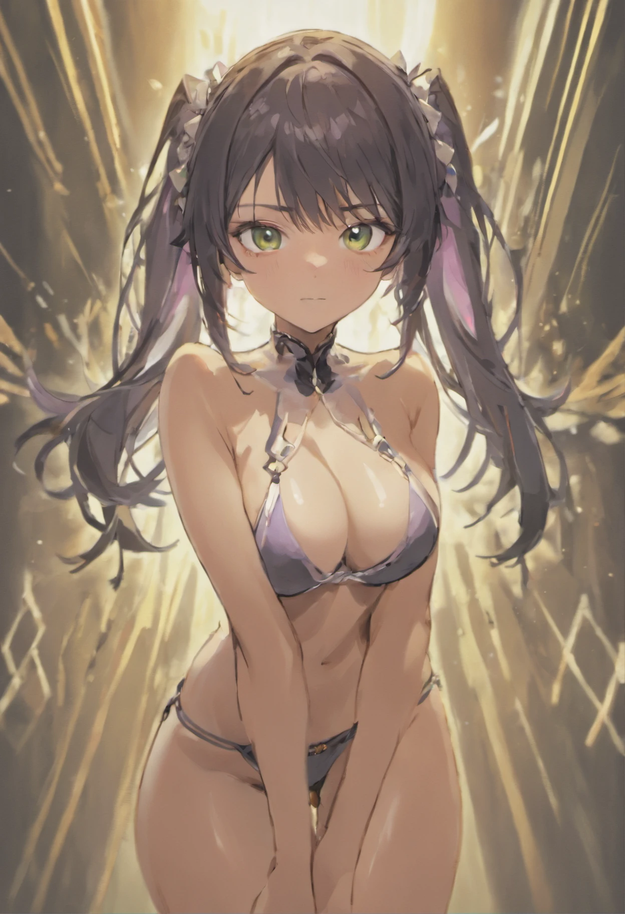 Homura (character), homura from senran kagura, dark brown hairs, tanned skin, long ponytail hairs, white ribbon, hands on hips , wearing small bra, big breasts, tight bra , tight panties , sharp smile , (dark green eyes), hands on hip, hands on add, portrait shot, upper body shot, face focus, closeup shot, only upper body shot, BREAK indoors, office, BREAK looking at viewer, BREAK (masterpiece:1.2), best quality, high resolution, unity 8k wallpaper, (illustration:0.8), (beautiful detailed eyes:1.6), extremely detailed face, perfect lighting, extremely detailed CG, (perfect hands, perfect anatomy),