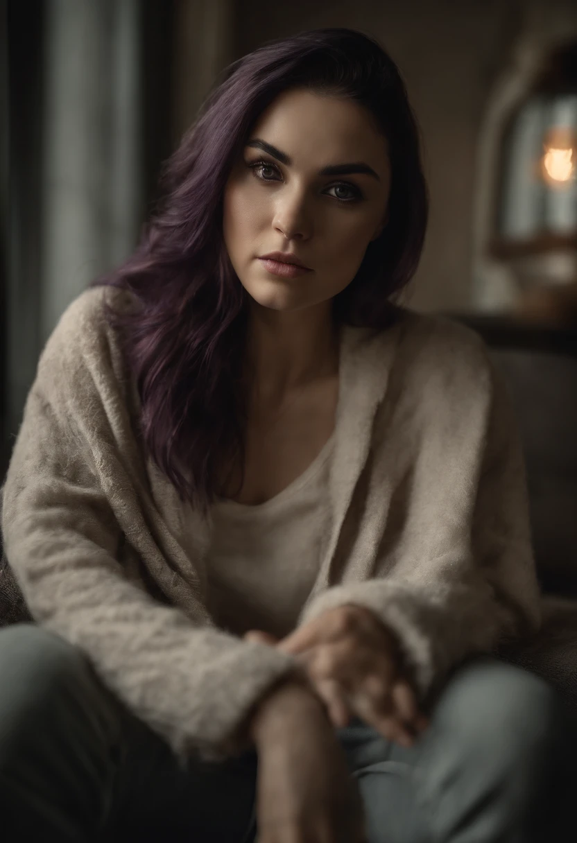 Sasha Grey sitting at a couch and crossed her legs, barefooted and wearing comfy clothes and pants, (photography), (best quality:1.5), (shredded and cropped purple hair), (blushed cheek, eyeliner, brown eyeliner and shadow), (clear eyes), textured skin, [hyper realistic],  face close, 80mm, soft focus , film grain:1.2