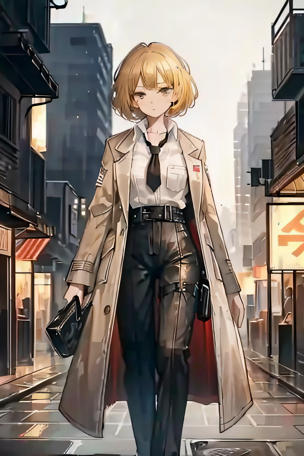 a 1girl, blond hair, square, Light brown eyes, rumpled white shirt, brown coat, black pant, against the backdrop of the city, Petite physique