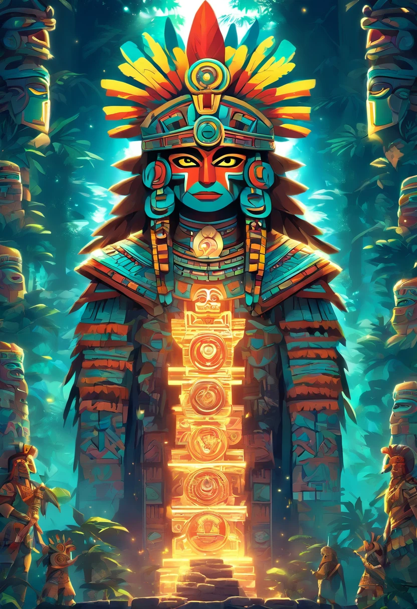 (((Huitzilopochtli))) best quality, ultra-high resolution, 4K detailed CG, masterpiece, Aztec God,forest,moon in the background,Aztec mythology, Mexica, aesthetics, ((Aztec God)), beautiful image, centered on screen