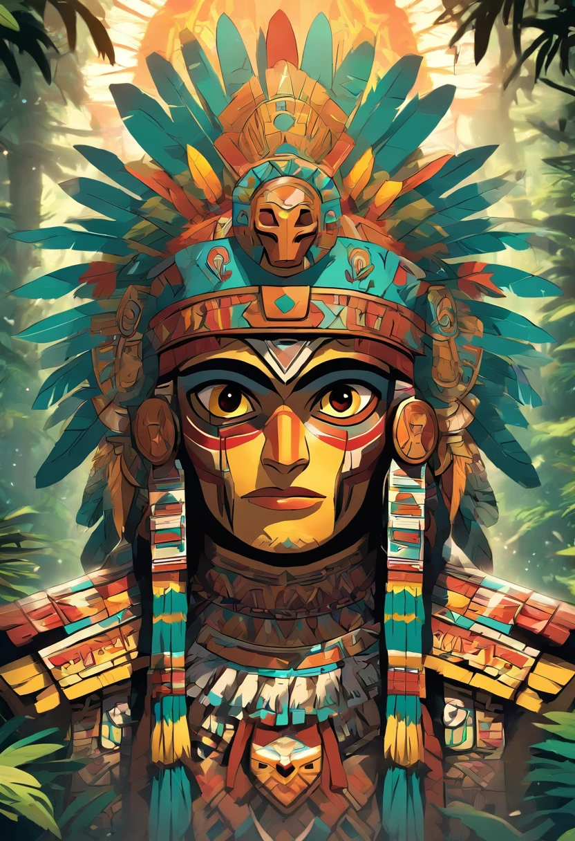 (((Huitzilopochtli))) best quality, ultra-high resolution, 4K detailed CG, masterpiece, Aztec God,forest,moon in the background,Aztec mythology, Mexica, aesthetics, ((Aztec God)), beautiful image, centered on screen