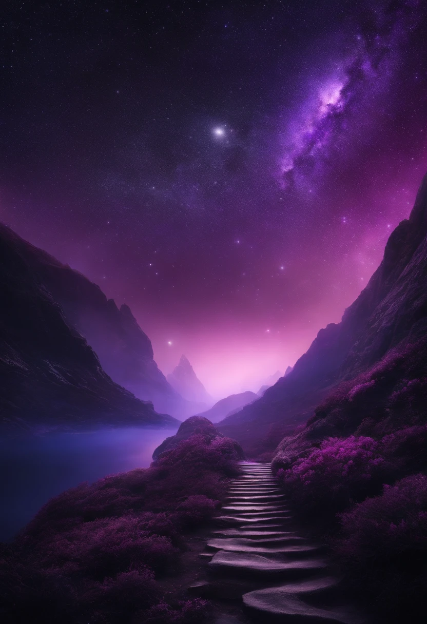 Create a black galaxy landscape with purple details in the universe