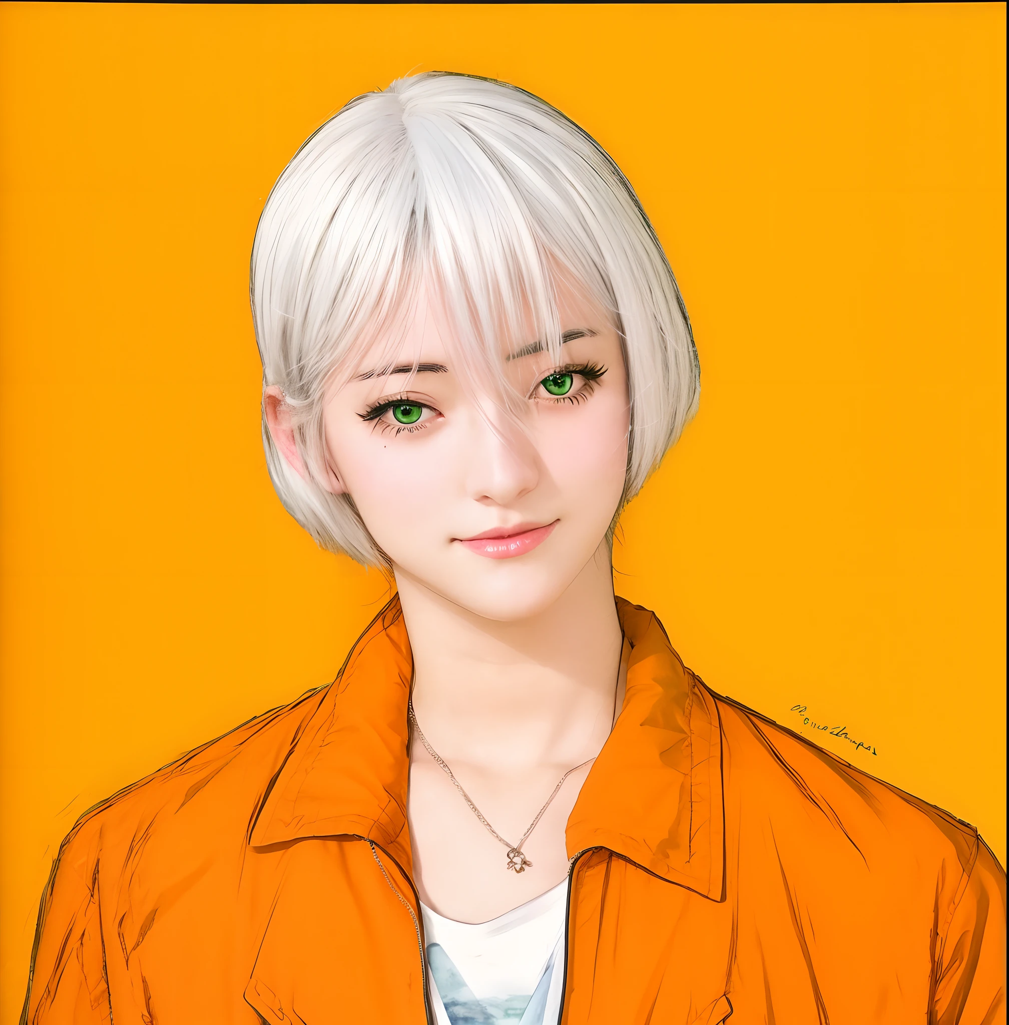 Realistic anime girl with white hair and yellow eyes, wearing green prison jacket,