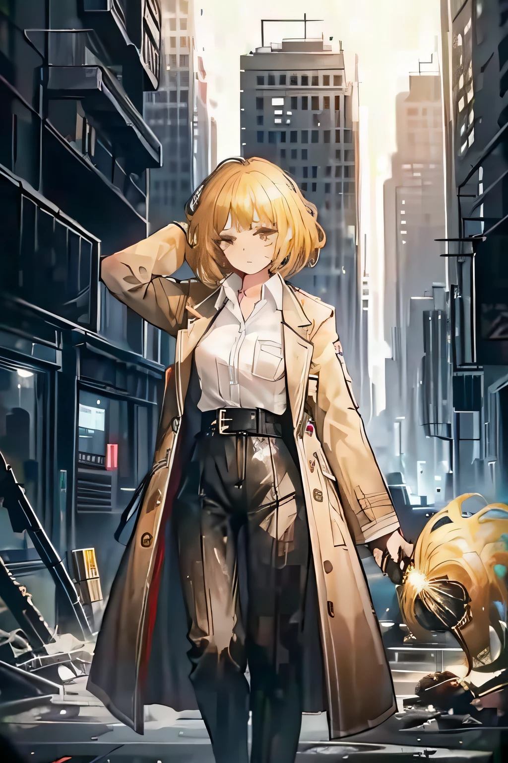 a 1girl, blond hair, square, Light brown eyes, rumpled white shirt, brown coat, black pant, against the backdrop of the city, Petite physique