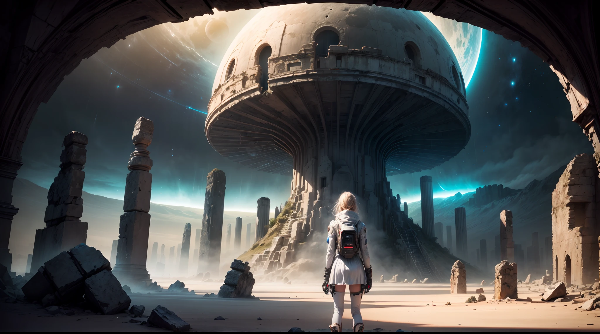 An otherworldly landscape bathed in the soft, ethereal light of multiple moons, where a closeup beautyful girl in a futuristic spacesuit gazes up in wonder, surrounded by floating islands and ancient, mysterious ruins.