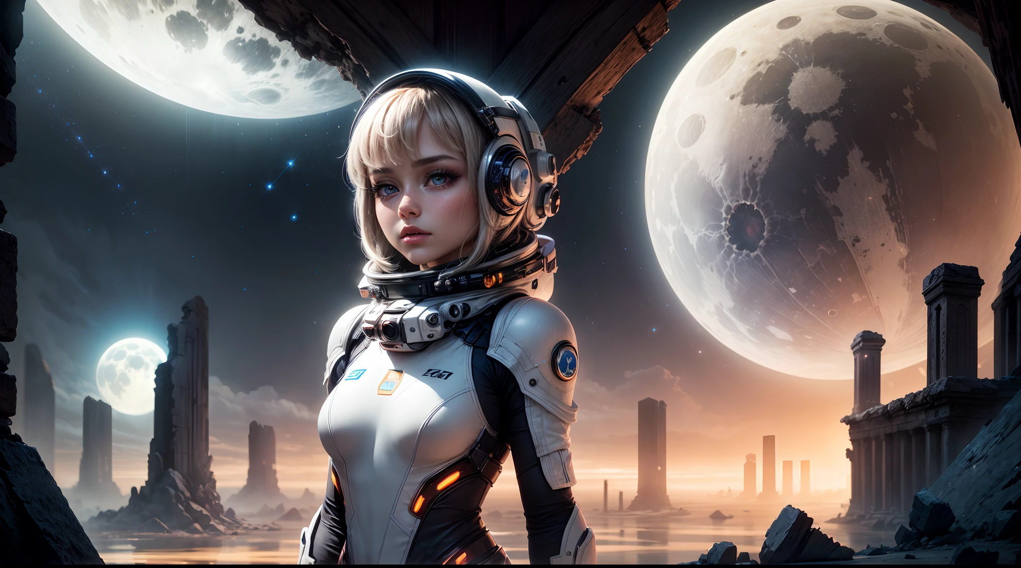 An otherworldly landscape bathed in the soft, ethereal light of multiple moons, where a closeup beautyful girl in a futuristic spacesuit gazes up in wonder, surrounded by floating islands and ancient, mysterious ruins.