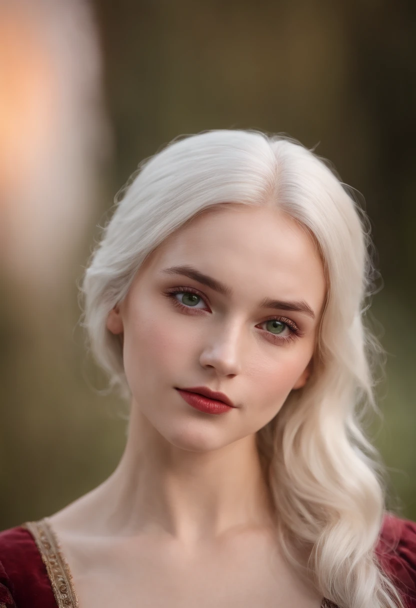 (((a deep reddish wound crosses her left cheek))) fair complexion, woman around 19 years old, natural white hair, distinctive green eyes, wearing kohl, slender and graceful, beautiful, candlelight in a medieval setting, ultra sharp focus, realistic shot, medieval female clothes, tetradic colors (scar:1.4)