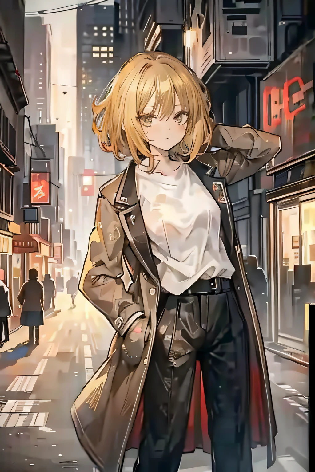 a 1girl, blond hair, square, Light brown eyes, rumpled white shirt, brown coat, black pant, against the backdrop of the city, Petite physique