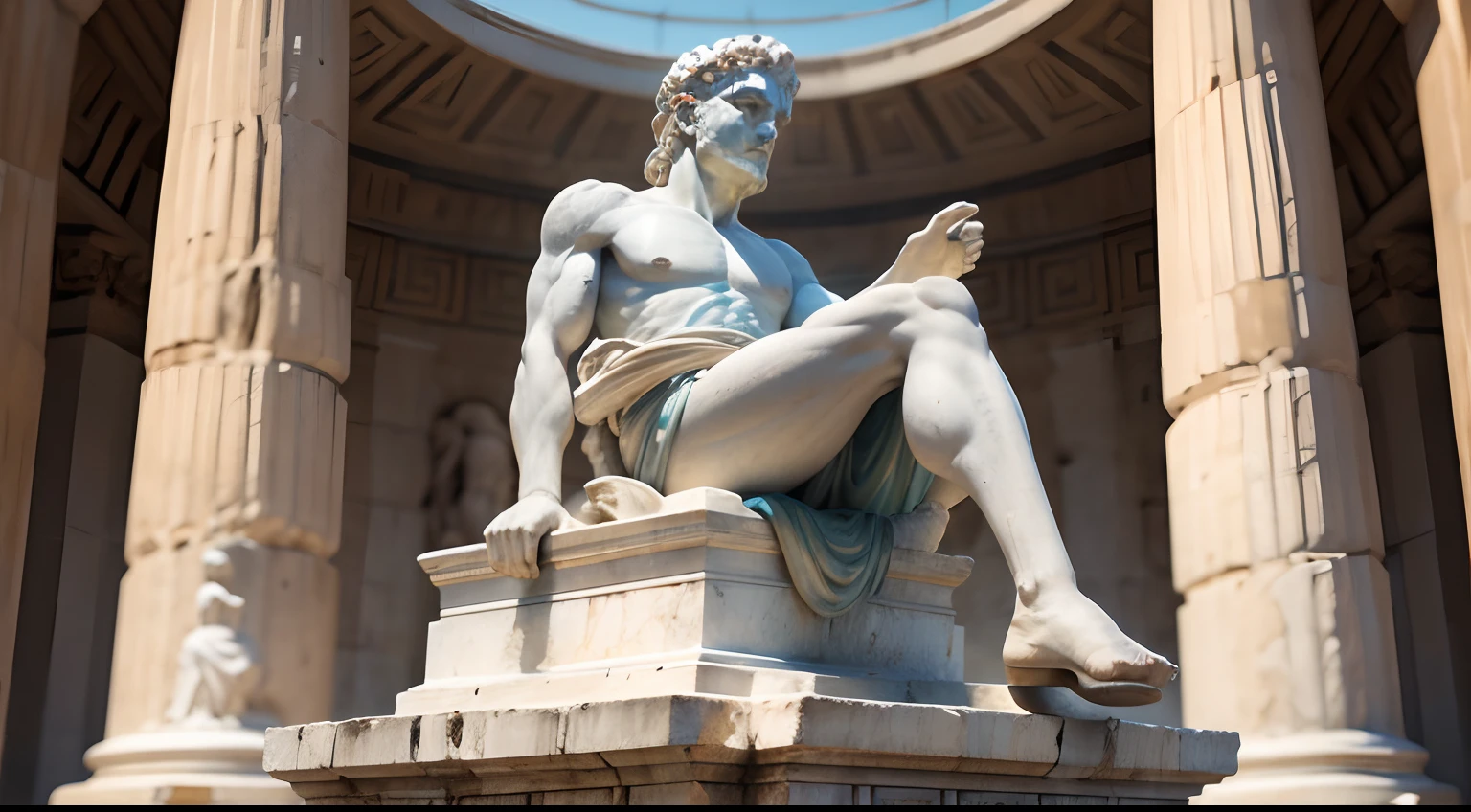 Ancient Greek statue with angry expression, Outside, com rosto extremamente detalhado full body view, Colors with low saturation with dark tone, Filmado em Sony A7S III com Sony FE 35mm f/1.8, 12.1 MP, --AR 3:2 --estilo cru