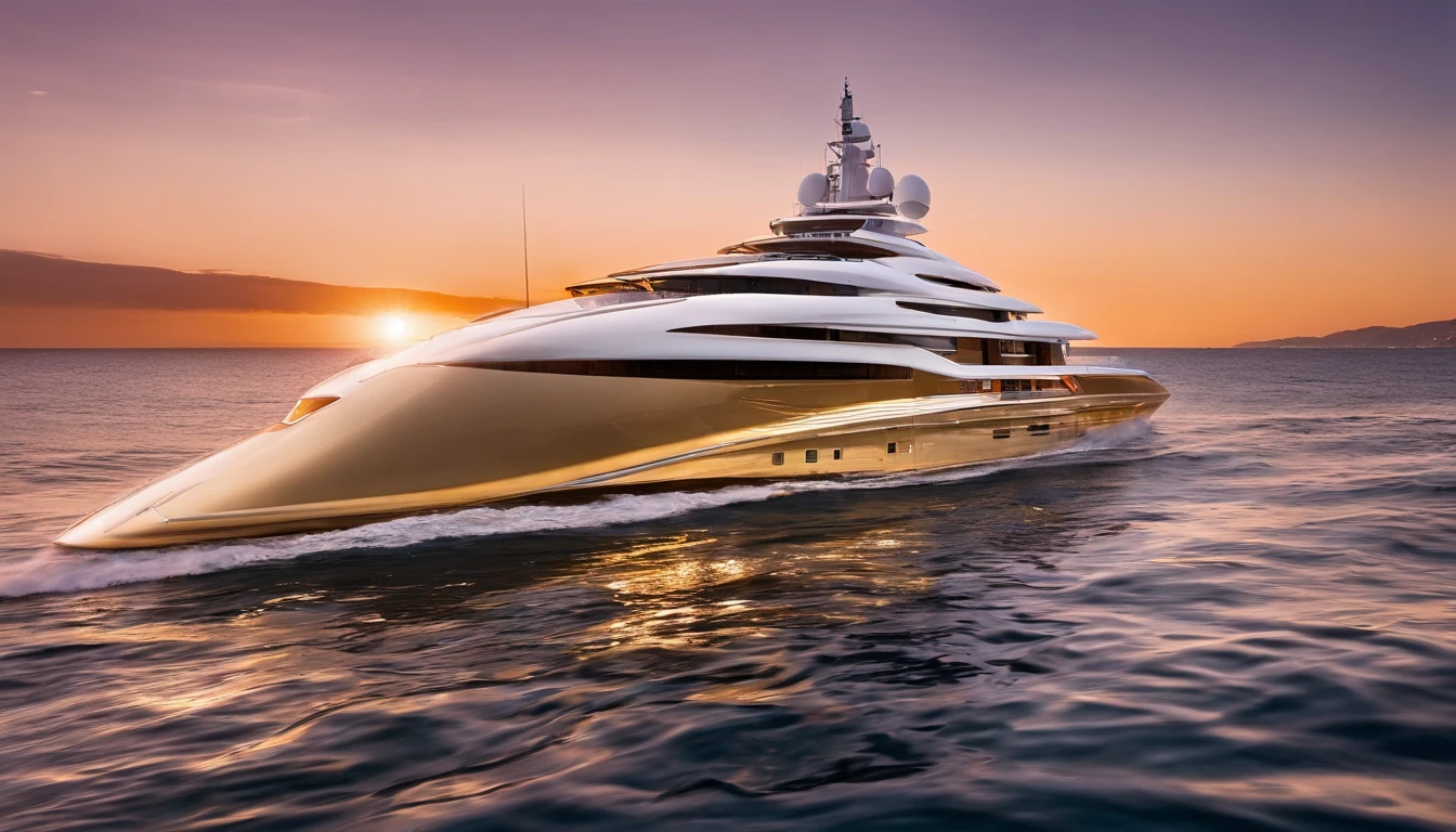 Generate an award-winning photograph of a futuristic mega luxury yacht captured from a low-angle perspective during the golden hour, as it glides through calm waters off the coast of Monaco. The warm, soft sunlight reflects on the tranquil sea, emulating the photography style of Steve McCurry.
