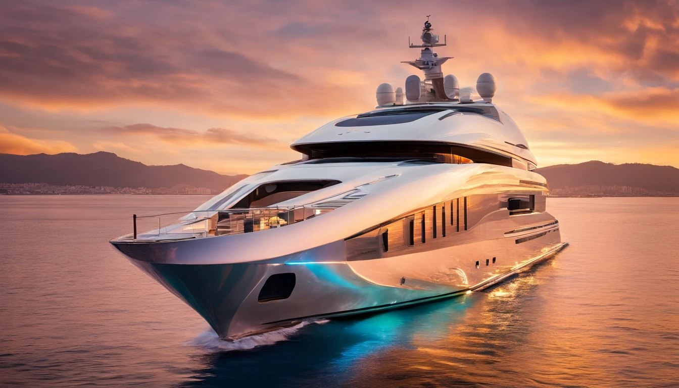 Generate an award-winning photograph of a futuristic mega luxury yacht captured from a low-angle perspective during the golden hour, as it glides through calm waters off the coast of Monaco. The warm, soft sunlight reflects on the tranquil sea, emulating the photography style of Steve McCurry.