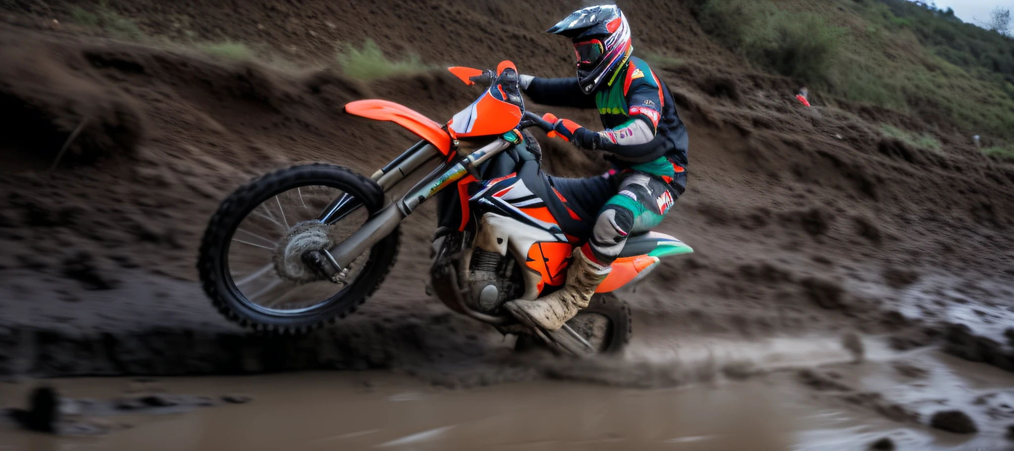 arafed motorcyclist riding through a muddy area on a dirt bike, off - road, dakar motorbike, flying mud, unknown, motocross bike, uploaded, mid shot photo, 2 5 6 x 2 5 6 pixels, kicking up dirt, reddit post, mud, rain and mud, maxxis, leaked image, slick design, high quality photo, orange racing stripes