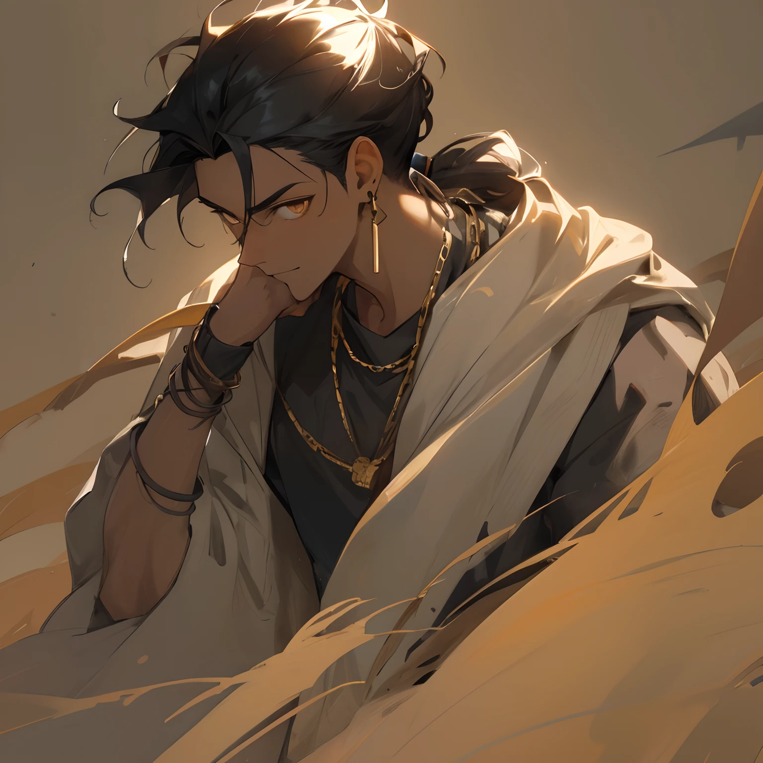 1male , messy black hair , pulled back into a short ponytail with some hair hanging at the sides , dark skin , black clothing , golden bracelet and earrings , desert background , golden eyes , looking into distance , detailed face , excited expression , messy bangs