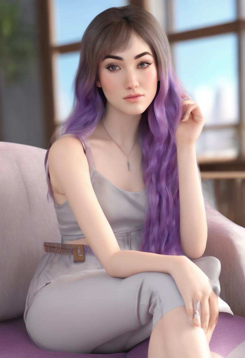 Sasha Grey sitting at a couch and crossed her legs, barefooted and wearing comfy clothes and pants, (photography), (best quality:1.5), (shredded and cropped purple hair), (blushed cheek, eyeliner, brown eyeliner and shadow), (clear eyes), textured skin, [hyper realistic],  face close, 80mm, soft focus , film grain:1.2