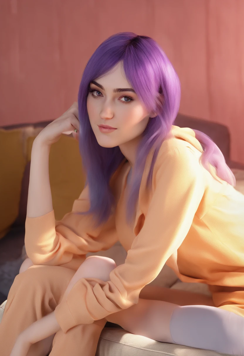 Sasha Grey sitting at a couch and crossed her legs, barefooted and wearing comfy clothes and pants, (photography), (best quality:1.5), (shredded and cropped purple hair), (blushed cheek, eyeliner, brown eyeliner and shadow), (clear eyes), textured skin, [hyper realistic],  face close, 80mm, soft focus , film grain:1.2