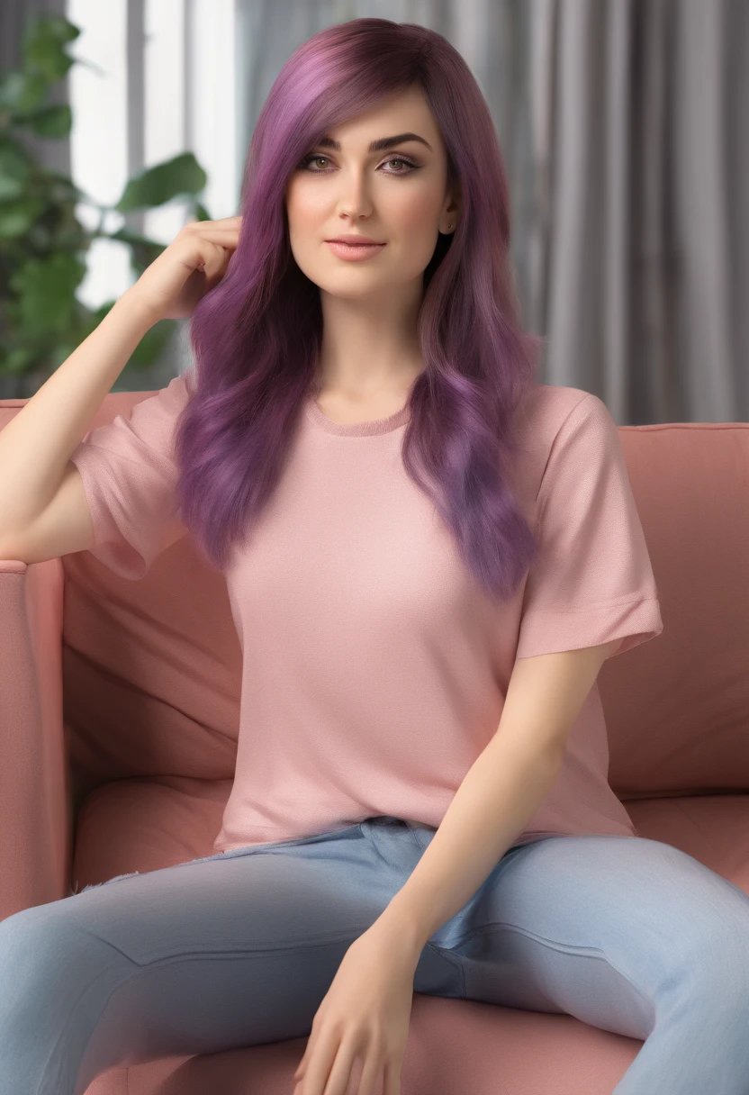 Sasha Grey sitting at a couch and crossed her legs, barefooted and wearing comfy clothes and pants, (photography), (best quality:1.5), (shredded and cropped purple hair), (blushed cheek, eyeliner, brown eyeliner and shadow), (clear eyes), textured skin, [hyper realistic],  face close, 80mm, soft focus , film grain:1.2