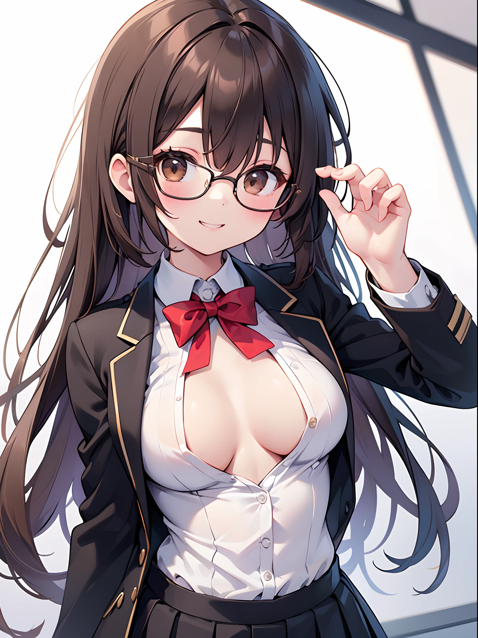 1 female、brown haired、Brown eyes、Black-rimmed glasses、seductive boobs、gorgeous faces、Perfect body。Best Quality、ultra-detailliert、8K resolution、Raw photo、masutepiece。Blazer Uniform。a smile。