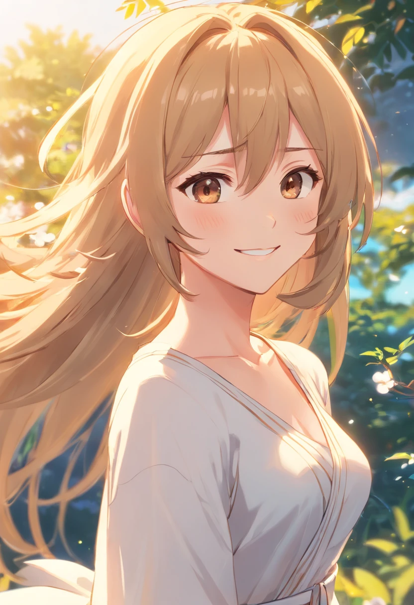 Meisterwerk, best quality,dem Betrachter zugewandt, upper body,Mittleres Alter weiblich,The behavior of the Greek goddess, Melonenkern-Gesicht, ((schlanke Augen)), Muttermal unter dem Auge,brown eyeballs, thin lips, blondes Haar, sehr langes Haar, Closed mouth and smile,40 Jahre alt, Selbstbildnis, Einfacher Hintergrund,whitedress,