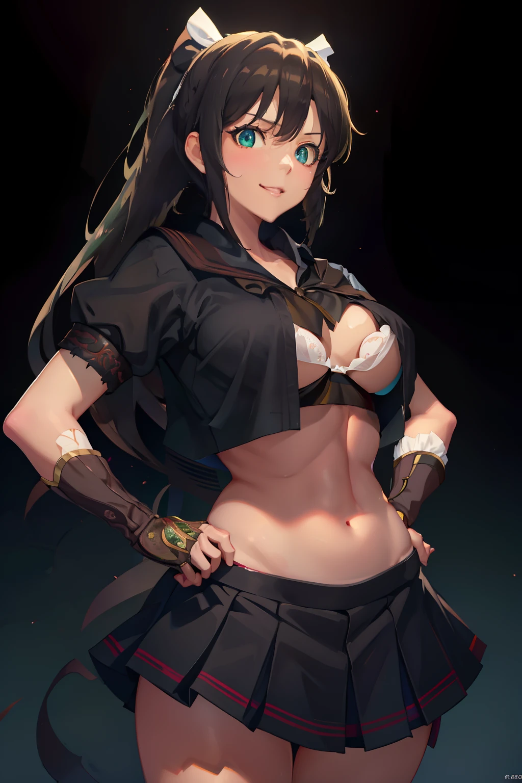 Homura , homura from senran kagura, dark brown hairs, long ponytail hairs, white ribbon, hands on hips , wearing small bra, big breasts, tight bra , tight panties , sharp smile , (dark green eyes), black ponytail, green eyes,
solo, upper body, smiling, standing, facing viewer,
black, pleated skirt, short sleeves, hair ribbon, brown gauntlets,
school grounds, morning,
(insanely detailed, beautiful detailed face, masterpiece, best quality) cinematic lighting, , BREAK looking at viewer, BREAK (masterpiece:1.2), best quality, high resolution, unity 8k wallpaper, (illustration:0.8), (beautiful detailed eyes:1.6), extremely detailed face, perfect lighting, extremely detailed CG, (perfect hands, perfect anatomy),