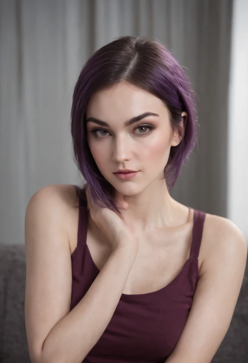 Sasha Grey sitting at a couch and crossed her legs, barefooted and wearing comfy clothes and pants, (photography), (best quality:1.5), (shredded and cropped purple hair), (blushed cheek, eyeliner, brown eyeliner and shadow), (clear eyes), textured skin, [hyper realistic],  face close, 80mm, soft focus , film grain:1.2