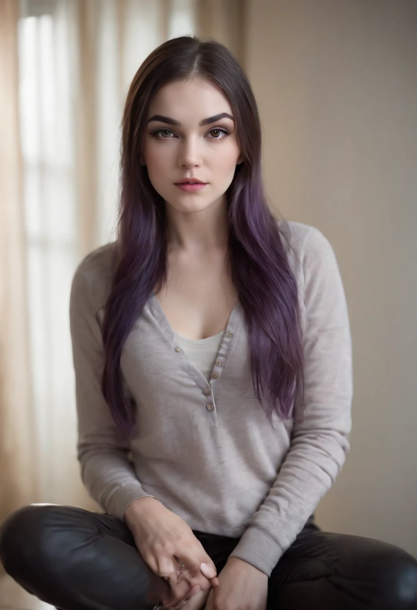Sasha Grey sitting at a couch and crossed her legs, barefooted and wearing comfy clothes and pants, (photography), (best quality:1.5), (shredded and cropped purple hair), (blushed cheek, eyeliner, brown eyeliner and shadow), (clear eyes), textured skin, [hyper realistic],  face close, 80mm, soft focus , film grain:1.2