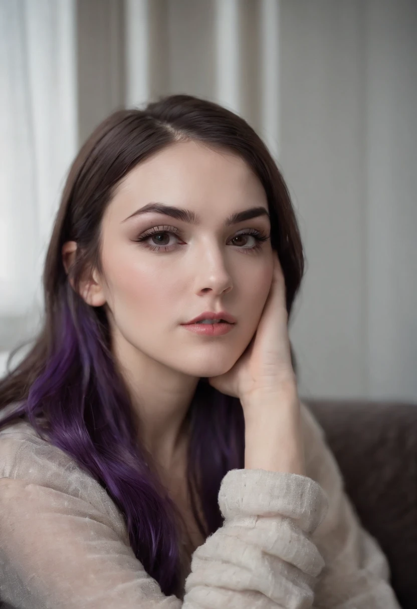 Sasha Grey sitting at a couch and crossed her legs, barefooted and wearing comfy clothes and pants, (photography), (best quality:1.5), (shredded and cropped purple hair), (blushed cheek, eyeliner, brown eyeliner and shadow), (clear eyes), textured skin, [hyper realistic],  face close, 80mm, soft focus , film grain:1.2