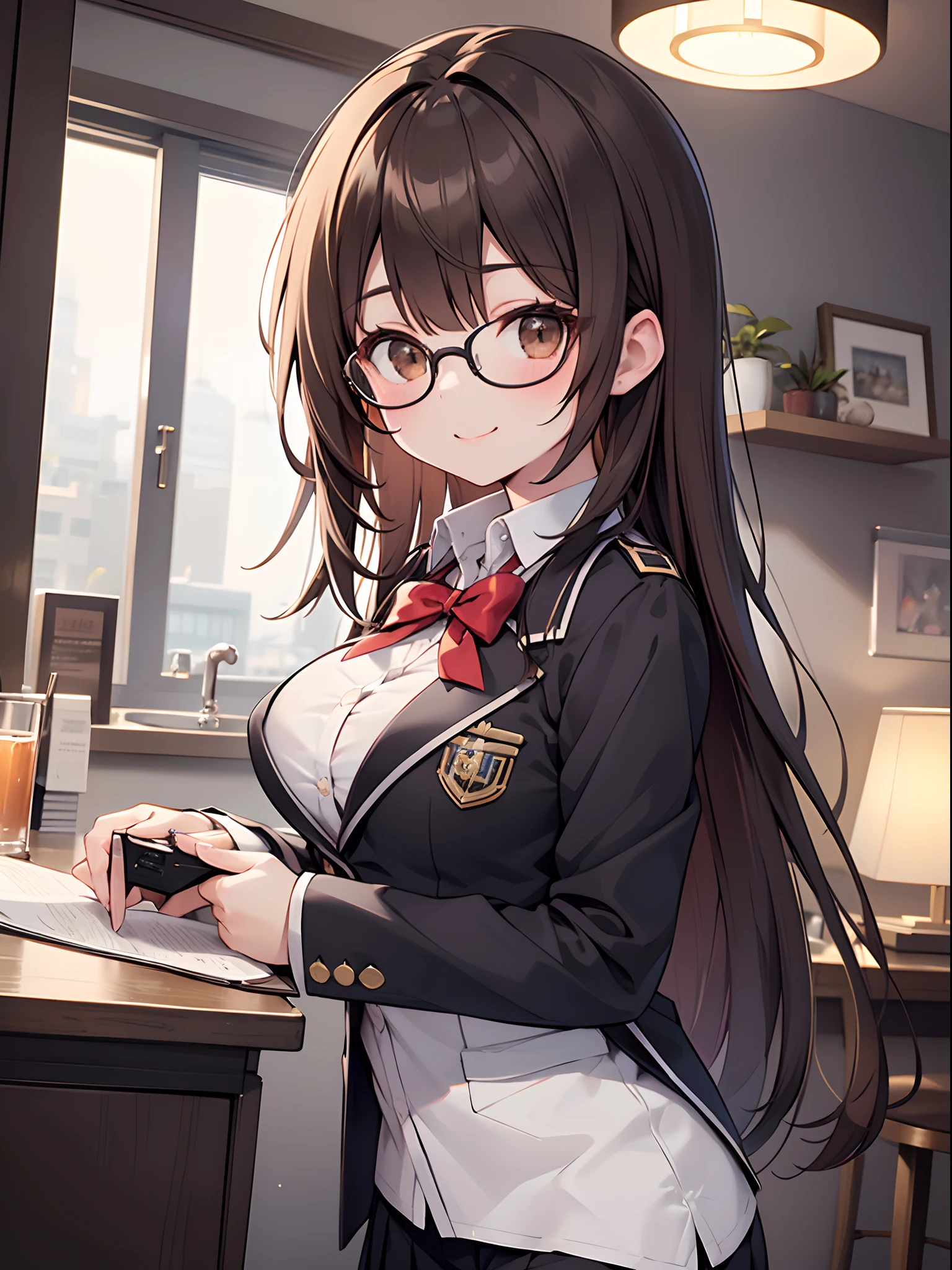 1 female、brown haired、Brown eyes、Black-rimmed glasses、seductive boobs、gorgeous faces、Perfect body。Best Quality、ultra-detailliert、8K resolution、Raw photo、masutepiece。Blazer Uniform。a smile。