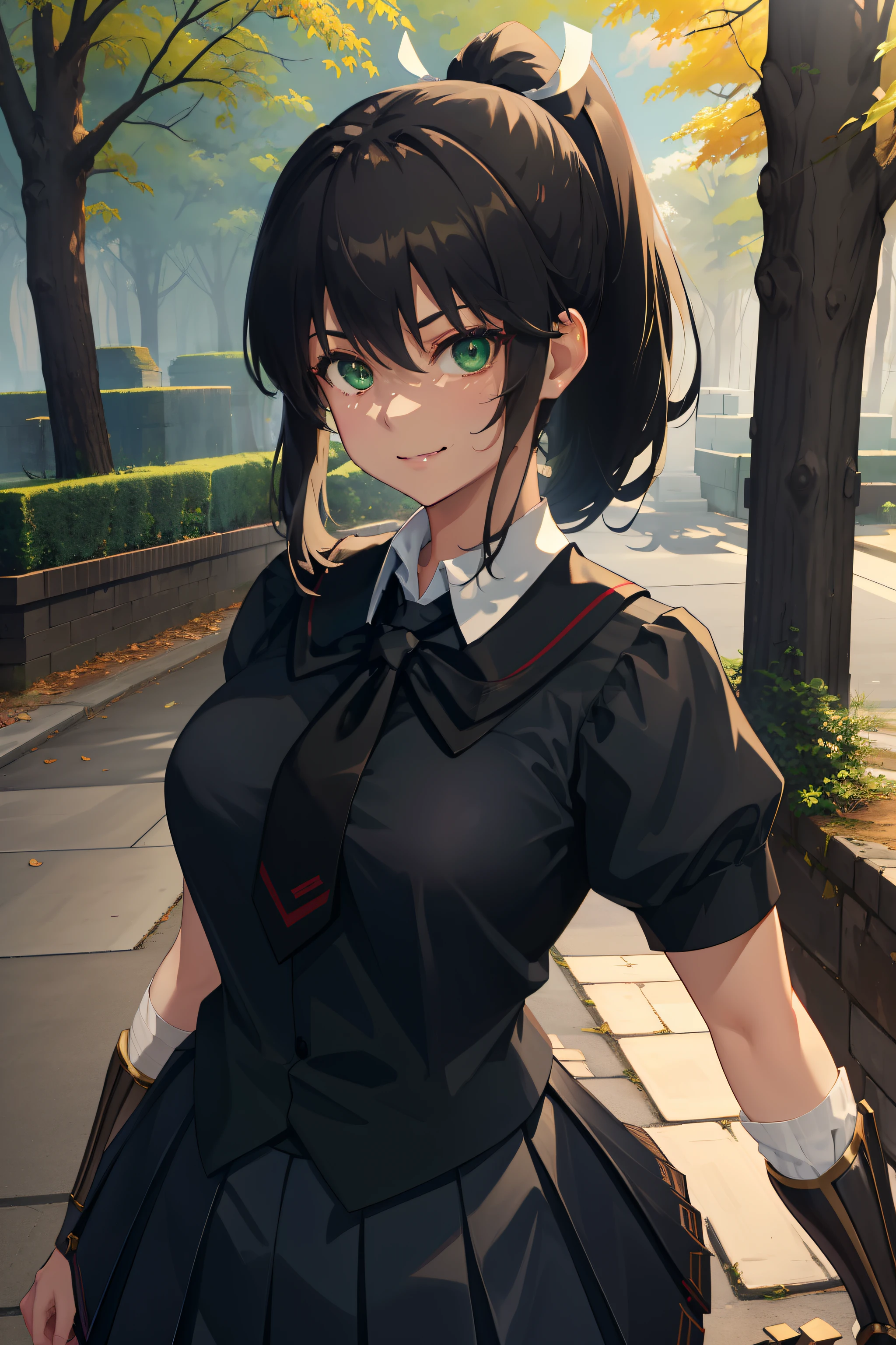 Homura, black ponytail, green eyes, 
solo, upper body, smiling,  standing,  facing viewer, 
black,  pleated skirt, short sleeves,  hair ribbon,  brown gauntlets, 
school grounds, morning,
 (insanely detailed, beautiful detailed face, masterpiece, best quality) cinematic lighting,