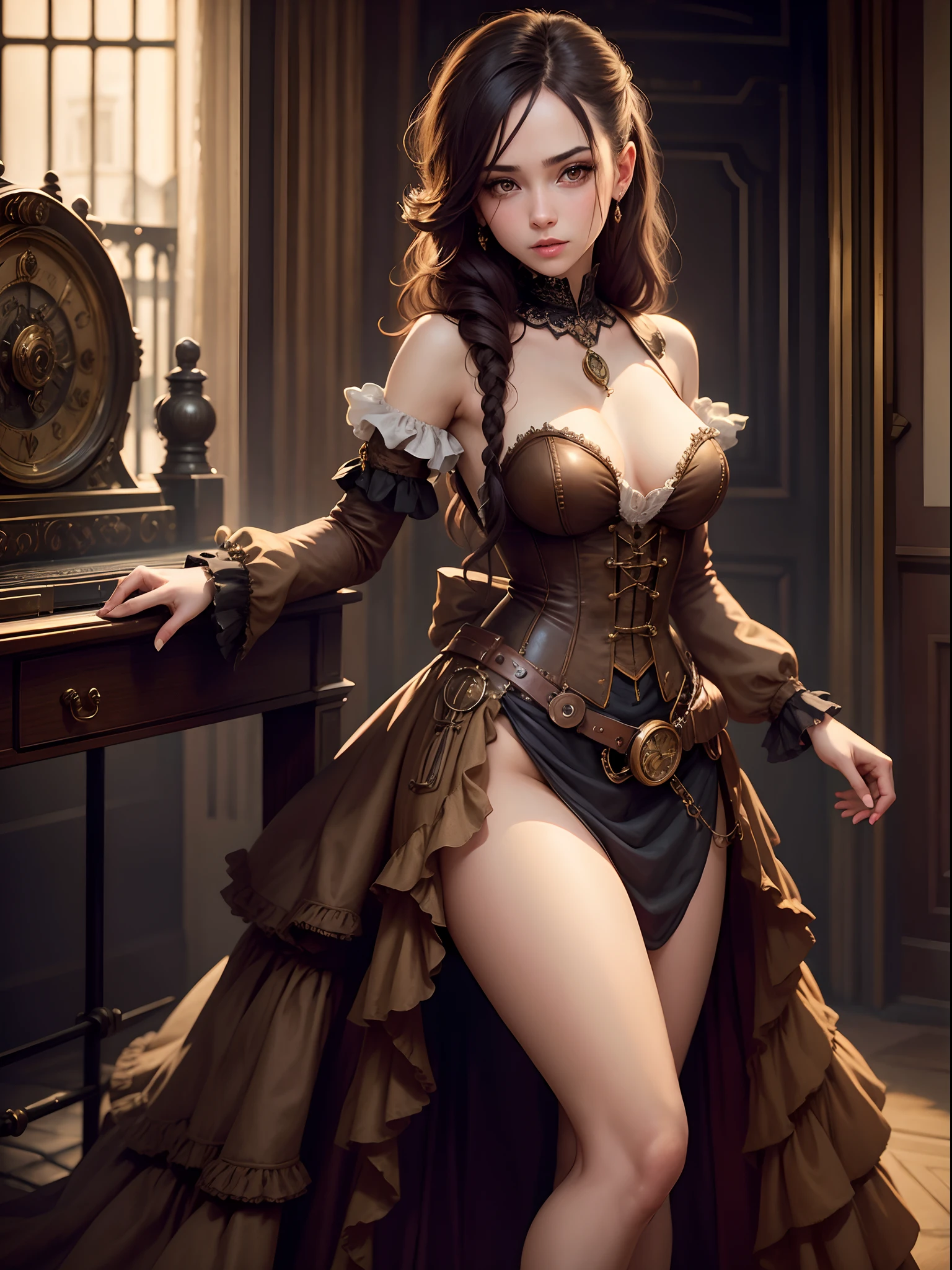 Girl, small breasts, wearing gown, steampunk, looking at viewer