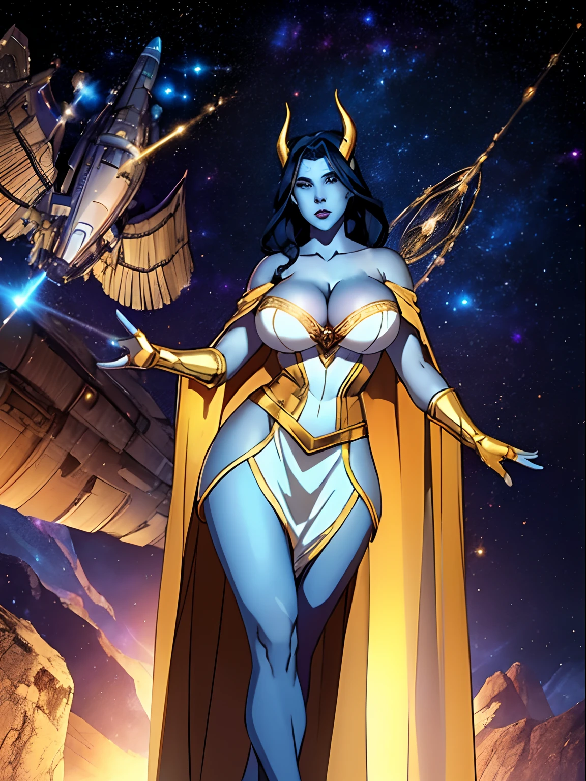 (masterpiece, top quality, best quality, official art, beautiful and aesthetic:1.2), (1girl:1.3), dark blue hair in braid, extremely detailed, portrait, looking at viewer, solo, (full body:0.6), detailed background, close up, (cool science fiction space theme:1.1), ((((blue skin)))), extremely busty sorceress, charlatan, mysterious, casting spells in space, four arms, revealing white and gold robes, fingerless gloves, long gloves, glowing magical energy, blindfold, elaborate headdress, golden ceremonial horns, sheer white fabric, elegant robes, skirts, streamers, cowl, cape, sandals, bracers, ((((gigantic breasts, cleavage, skindentation)))), slim waist, slim hips, long legs, athletic, SPACE, futuristic moon, (space exterior:1.1) background, dark mysterious lighting, shadows, magical atmosphere, dutch angle