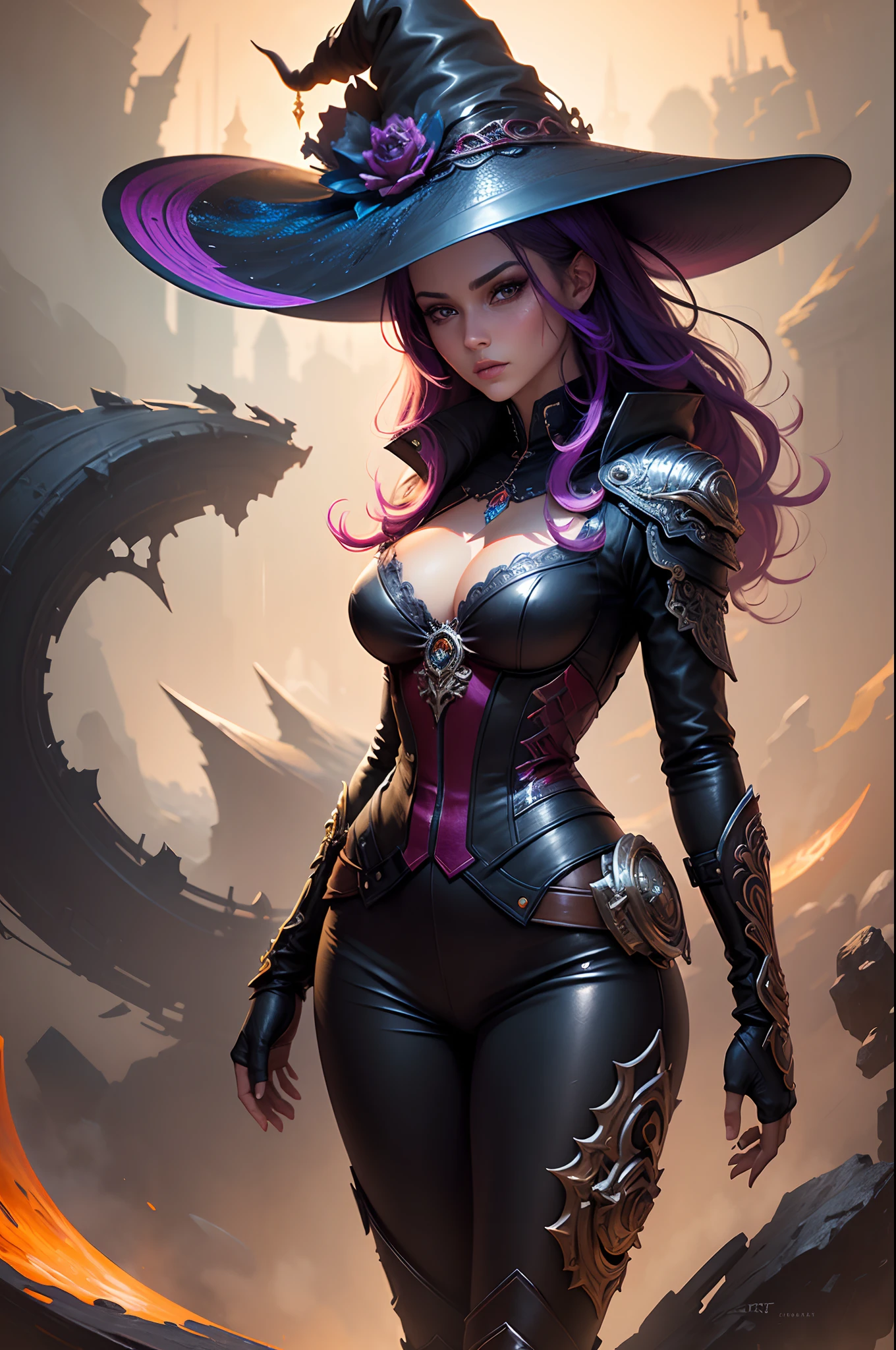 (best quality: 1.1), (masterpiece: 1.1), detailed, perfect anatomy, 1 girl, medium shot, wizard, masterpiece, best quality, mature witch, witch hat, Leather pants, leather jacket, leather boots, grumpy lighting, brightness, bright, mysterious, mystical, magical, rim lighting, vibrant, colorful, intricate, elegant, sharp focus, highly detailed, digital painting, concept art, matte, masterpiece, hyper detailed ultra sharp, vibrant aesthetics, blood wave, colorful, ornate, intricate, digital painting, concept art, smooth, sharp focus, illustration, beautiful female,