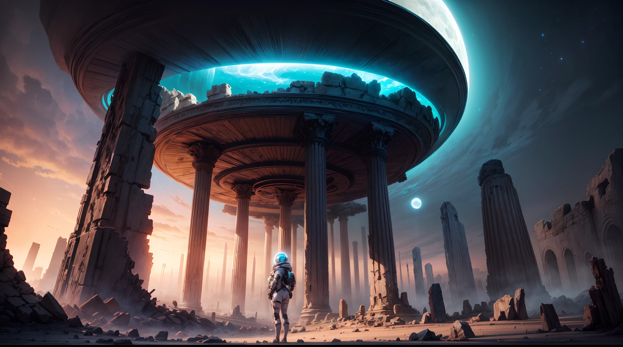 An otherworldly landscape bathed in the soft, ethereal light of multiple moons, where a closeup beautyful girl in a futuristic spacesuit gazes up in wonder, surrounded by floating islands and ancient, mysterious ruins.