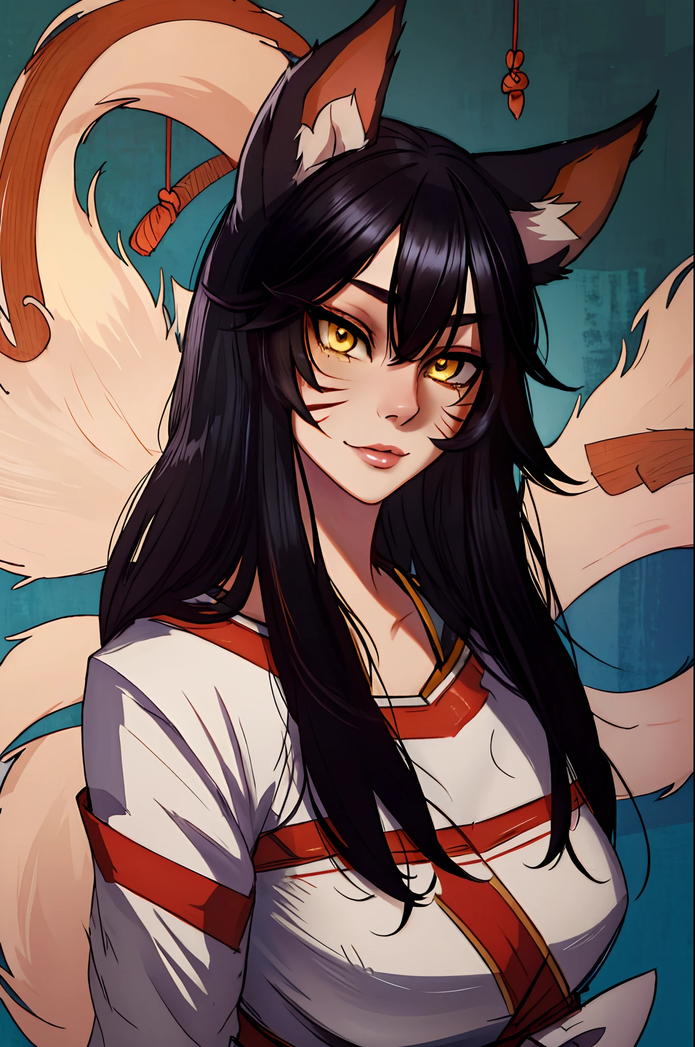 masterpiece, best quality, ah1, facial mark, fox tails, korean clothes, face portrait, detailed face, beautiful, detailed face, detailed eyes, Ahri_Cosplay, yellow eyes, Black long hair, fox ears, sexy